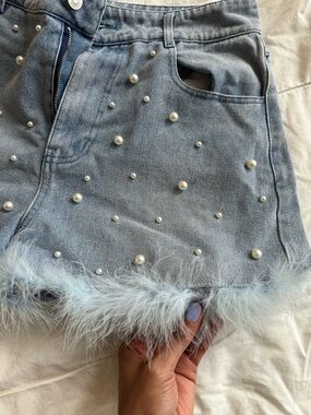 Light Wash Pearl & Feather Trim Denim Shorts